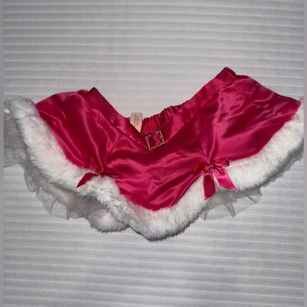 Victoria’s Secret Pink Satin Christmas Skirt with White Fur Trim